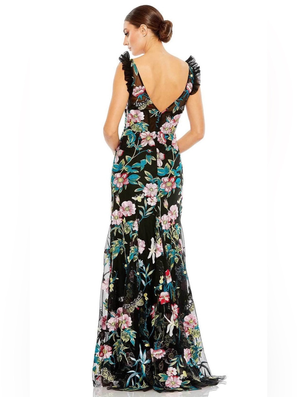 NWT Mac Duggal Embroidered Floral Plunge Neck Trumpet Gown Black Multi Size 10 - Picture 4 of 15